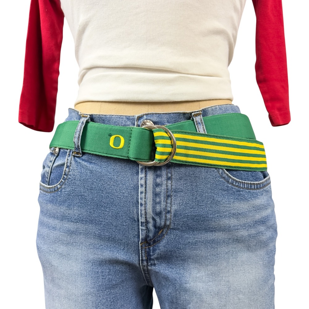 Retro Oregon Ducks NCAA Green Yellow Collegiate D-Ring Ribbon Belt One Size
